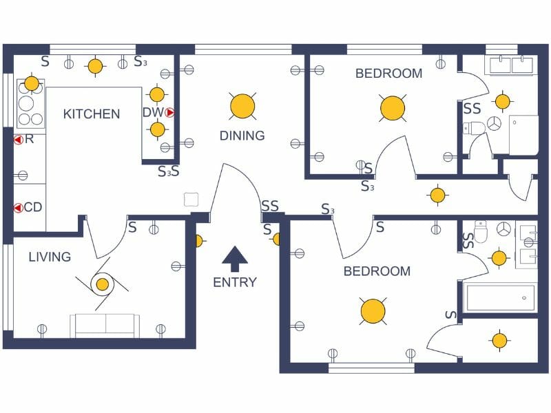 Electrical floor plan of an apartment showing kitchen, dining area, living room, entry, two bedrooms, and bathrooms with lighting fixtures, switches, and outlets marked using electrical symbols.
