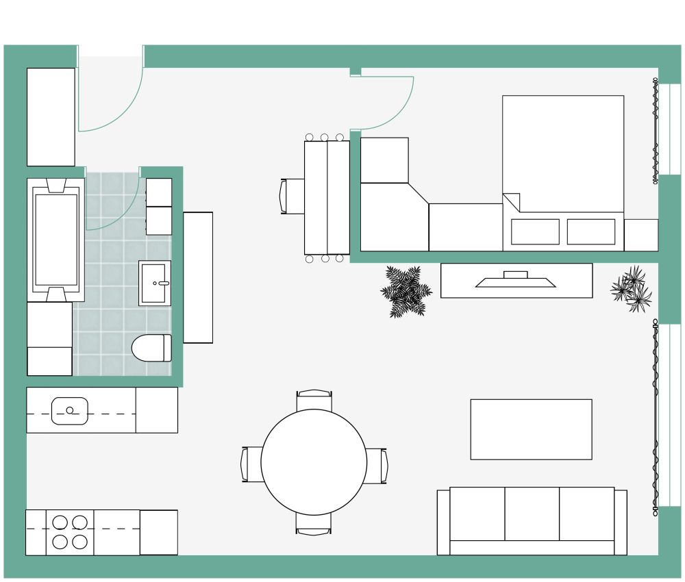 1 Bedroom 2D Floor Plan with Galley Kitchen