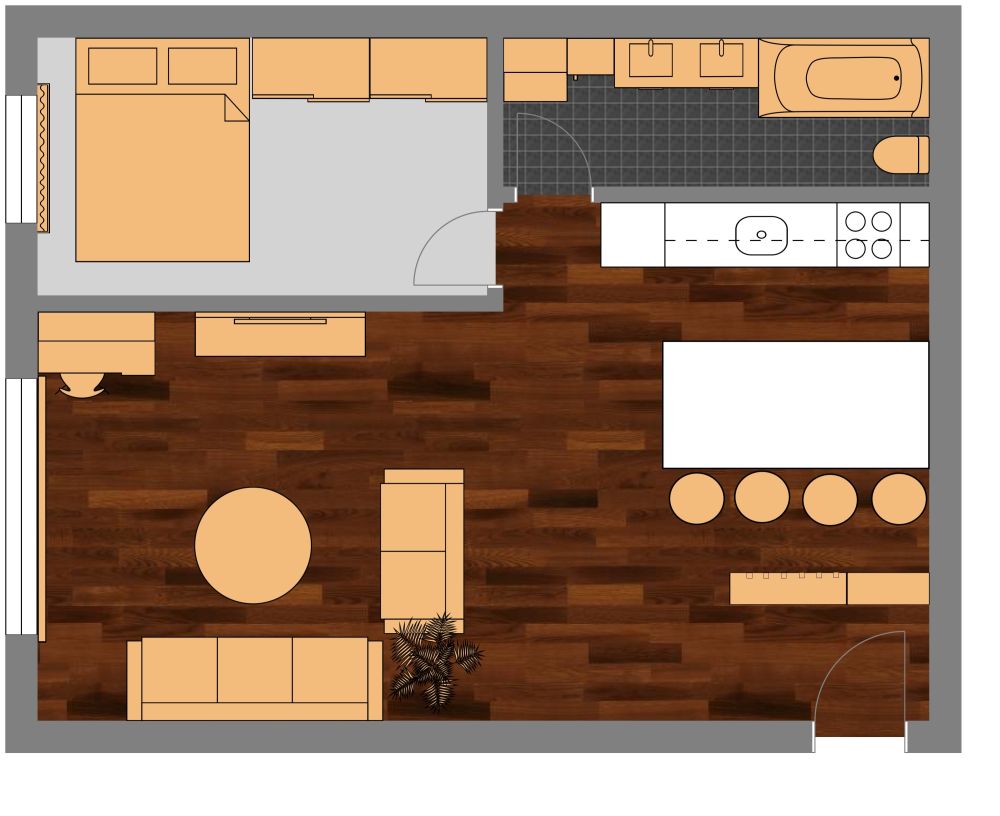 1 Bedroom 2D Floor Plan with Narrow Bathroom and Bathtub