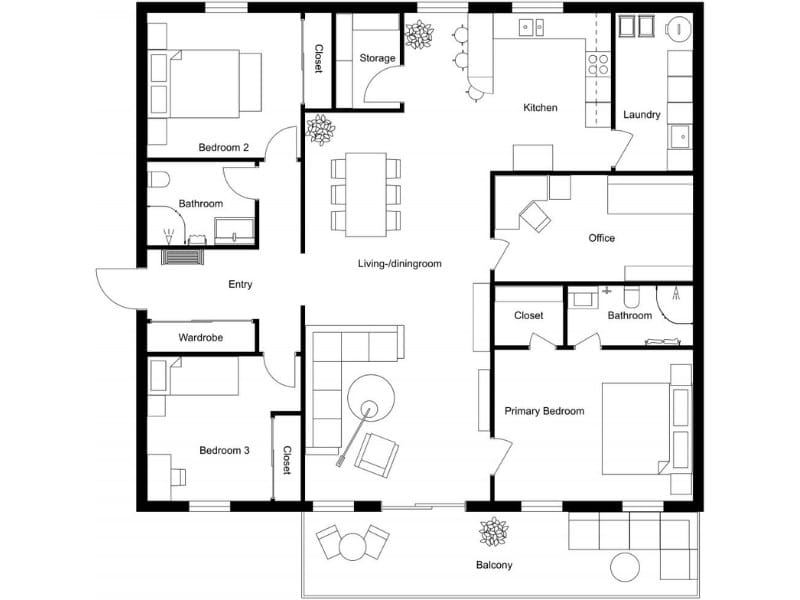 2D floor plan of an apartment showing three bedrooms including a primary bedroom with nearby bathroom, an office, open living and dining area, kitchen with laundry, entry hallway with storage and closets, and a furnished balcony.