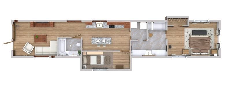 3D floor plan of a long, narrow shotgun-style house with an open living room at the front, followed by a bathroom, kitchen with an island, and a small sitting area. Toward the back are laundry facilities, storage space, and a primary bedroom with a large bed and TV. The layout features wood flooring in living areas and tile in the utility spaces.
