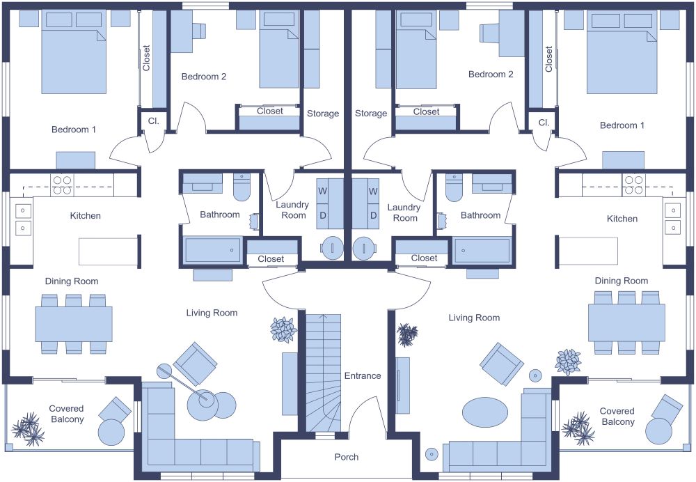 2 Story Fourplex 2D Floor Plan, Ground Floor