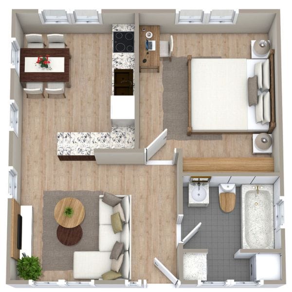 3D floor plan of a one-bedroom apartment with bedroom, bathroom, kitchen and dining area, and living room furnished with sofas and a TV.