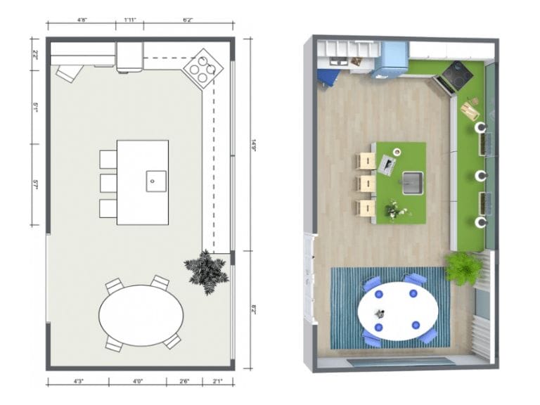 Side-by-side comparison of a 2D and 3D kitchen and dining room floor plan. The left side shows a simplified black-and-white 2D layout with measurements and furniture outlines. The right side presents a fully rendered 3D view with wood flooring, green kitchen cabinets, a central island with stools, a round dining table with blue chairs on a striped rug, and decorative elements like plants and lighting.