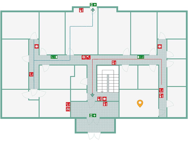 Evacuation floor plan of a building level showing multiple rooms connected by central corridors, a stairwell in the middle, emergency exit doors at the top and bottom, fire safety equipment icons, and dashed escape routes directing occupants toward exits.