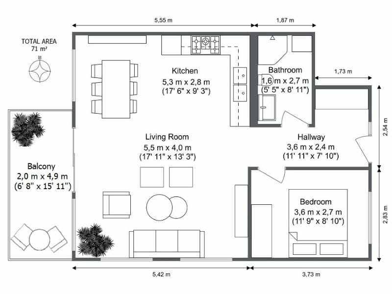 2D floor plan of a 71 m² apartment with both metric and imperial measurements. The layout includes a kitchen, living room, bedroom, bathroom, hallway, and a balcony. Each room is labeled with dimensions in meters and feet/inches, and furniture placement is illustrated with outlines.