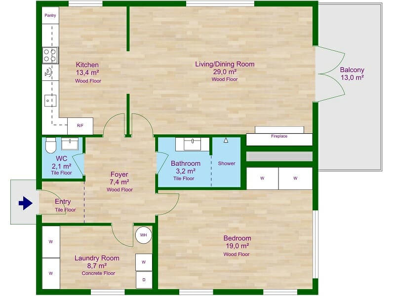 2D floor plan with detailed annotations showing room names, sizes in square meters, flooring types, and key features like a fireplace, pantry, and wardrobes. The layout includes a kitchen, living/dining room, bedroom, laundry room, bathroom, WC, foyer, entry, and balcony.