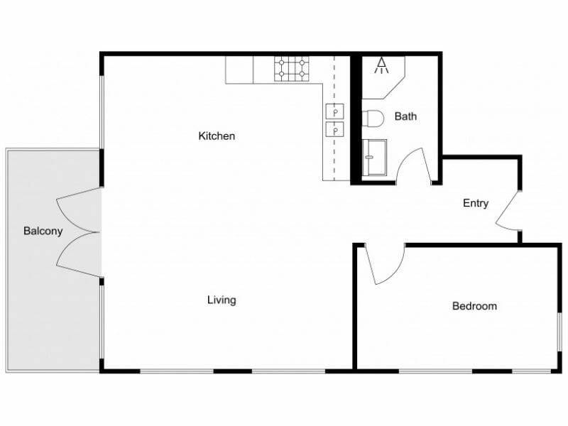 Labeled 2D floor plan of a one-bedroom apartment featuring a combined kitchen and living area, a bathroom, an entryway, and a private balcony. Each room is clearly marked with text labels, making the layout easy to understand at a glance.