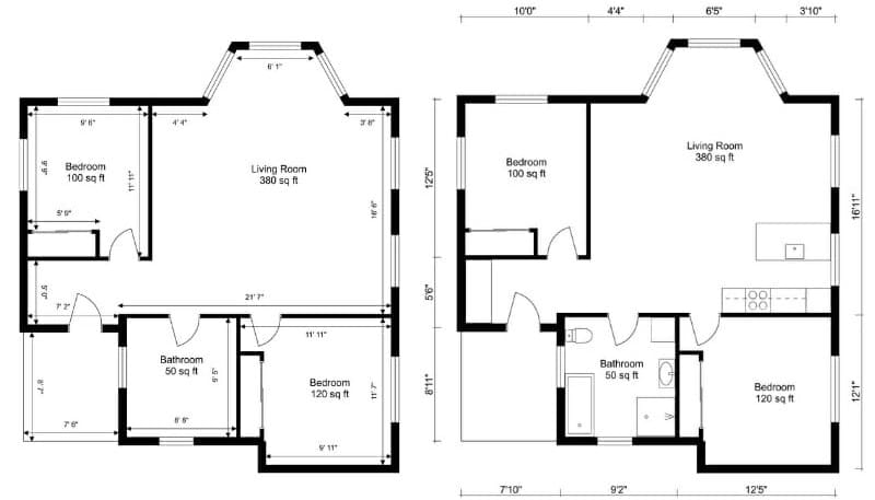 floor plan with outside and inside measurements