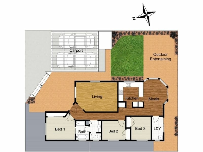 Color-coded floor plan of a single-story home with three bedrooms, one bathroom, a central living area, and a kitchen with a meals space. The layout connects to an outdoor entertaining area and lawn at the top, with a carport shown on the left. Rooms are labeled, and a north arrow appears in the top right corner.