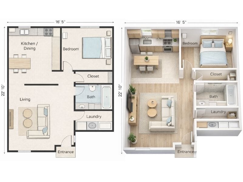 Side-by-side 2D and 3D floor plans of a small one-bedroom apartment showing an open living room and kitchen, a separate bedroom with closet, and a bathroom with integrated laundry near the entrance.