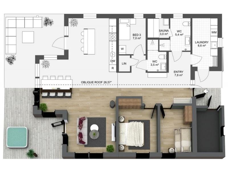 Split view of a single-story home layout combining a 2D floor plan (top) with a 3D rendered interior (bottom). The 2D section outlines a kitchen with an island, a third bedroom, sauna, two toilets, a bathroom, laundry room, and main entry. The 3D section showcases a furnished living area with a sofa and TV, a master bedroom, and a second bedroom. The space opens onto a large outdoor terrace with lounge seating and a hot tub. The design balances functional private areas with open, inviting shared spaces.