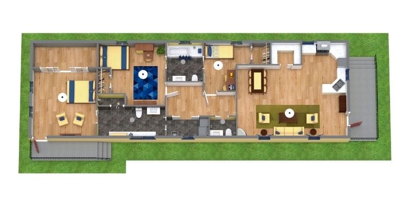 3D floor plan of a single-story shotgun-style house with a front porch opening into a large living room and adjacent kitchen. The center of the home features a dining area, small bedroom, and bathrooms. Toward the back are two additional bedrooms, including one with twin beds and another with a larger bed, as well as a rear entrance. The layout combines wood and tile flooring throughout.