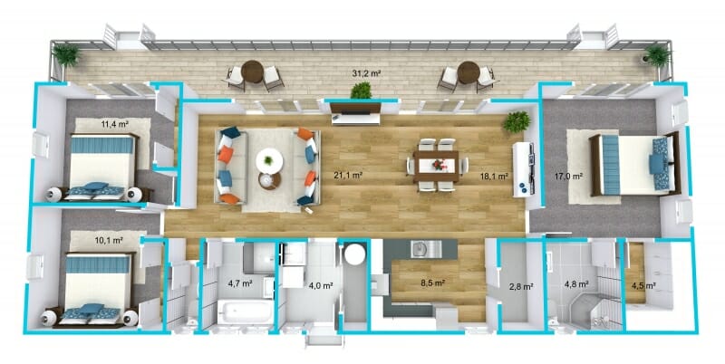 3D top-down floor plan of a rectangular apartment featuring three bedrooms, two bathrooms, an open living and dining area, and a large balcony. Room sizes are labeled in square meters. The layout includes a central living space (21.1 m²) with adjacent dining area (18.1 m²), flanked by a 31.2 m² balcony with outdoor seating. Bedrooms are located at either end, with the largest (17.0 m²) on the right. The apartment also includes a kitchen (8.5 m²), entry hall, laundry, and multiple storage rooms. Furniture and room finishes are clearly detailed.