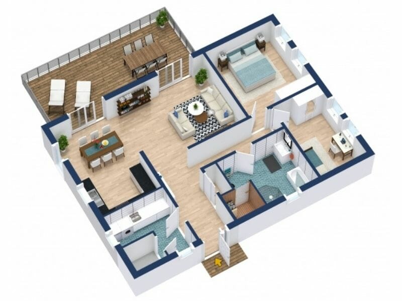 3D floor plan of a modern apartment featuring a large outdoor terrace with lounge chairs and a dining area. The interior includes an open living and dining space with wood flooring, a corner sectional sofa, and a kitchen. There’s a primary bedroom with a double bed, two bathrooms with tiled floors, a laundry area, and an office or secondary room. The design showcases a contemporary layout with bright interiors and clear room divisions.