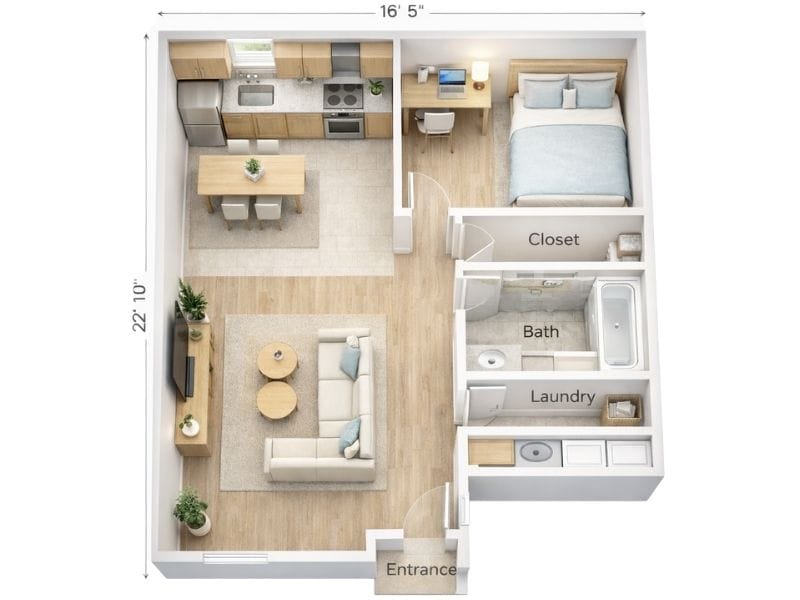 3D floor plan of a small one-bedroom apartment with an open living room and kitchen, dining table, bedroom with desk and closet, and a bathroom and laundry area near the entrance, with overall dimensions shown.