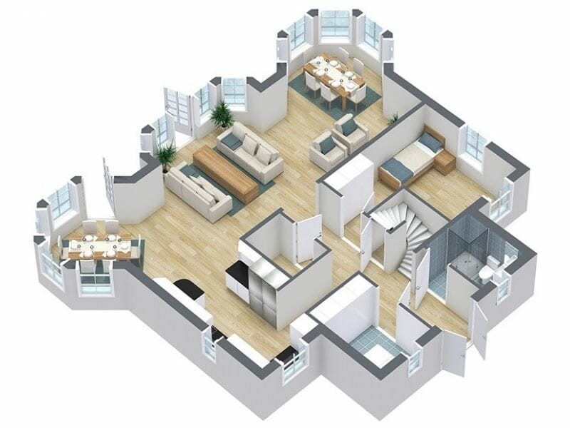 3D floor plan of a multi-room apartment with an open layout. The design includes a spacious living area with sofas and a coffee table, a dining nook with a round table, a large dining room with a rectangular table, a bedroom with a bed and desk, a modern kitchen, and a full bathroom with a bathtub and shower. A staircase leads to another level, and the layout features large windows and hardwood flooring throughout.