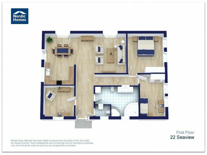 3D rendered floor plan labeled “First Floor – 22 Seaview” by Nordic Homes. The layout includes a living room, dining area, kitchen, two bedrooms, a large bathroom, a laundry room, and a central hallway. The interior features wood flooring throughout most rooms, with tile flooring in the bathroom. Furniture such as sofas, beds, and dining sets is included for visual reference. The plan is presented with blue wall outlines and white background branding.