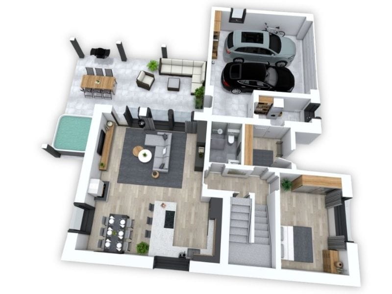 3D rendered floor plan of a modern single-story home with an open-concept layout. The home includes a spacious living room, dining area, kitchen, two bedrooms, and two bathrooms. A staircase leads to another level. There is an attached two-car garage with two vehicles and a bicycle inside. Outdoor features include a large patio with a dining table, seating area, and a small pool or hot tub. Interiors are decorated in a contemporary style with neutral tones, wood accents, and minimalistic furniture.