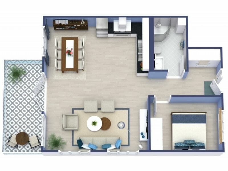 3D floor plan of a one-bedroom apartment featuring an open-concept layout with a kitchen, dining area, and living room. The space includes a patterned-tile balcony with outdoor seating, a full bathroom with a shower, and a bedroom with a double bed and built-in closet. Light wood flooring runs throughout the main living areas.