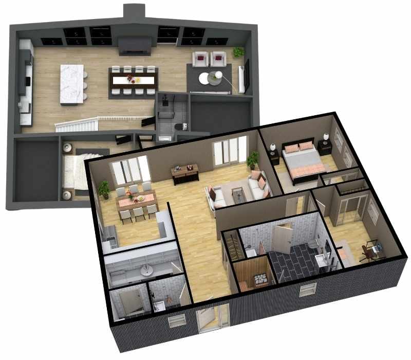 Furnished 3D home layout created using home design software, showing kitchen, living spaces, bedrooms, and bathrooms.