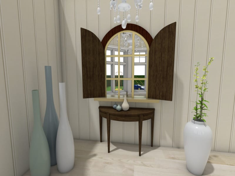 Vases and mirror reflecting outside area with lawn mowers.