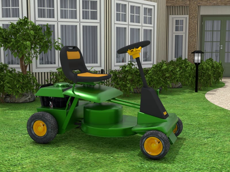 Green lawn mower in garden with plants.