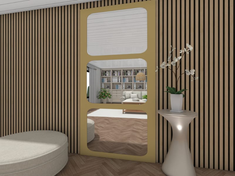 Tall, beige mirror reflecting living room.