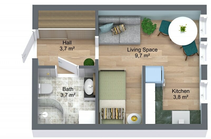 3D rendered floor plan of a compact studio apartment. The layout includes a small entry hall (3.7 m²), a combined living and sleeping area (9.7 m²) with a sofa, bed, and dining table, a kitchenette (3.8 m²) with a fridge and counter space, and a tiled bathroom (3.7 m²) with a curved shower, toilet, and sink. Light wood flooring is used throughout, except for the tiled bathroom. The space is furnished and decorated with small plants and accessories.