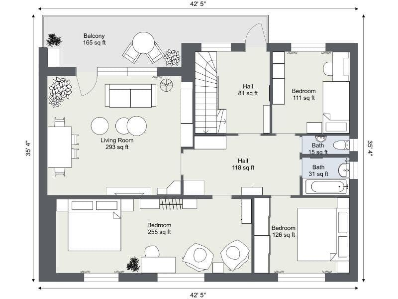 Second floor of a four-bedroom house plan showing three bedrooms, two bathrooms, a large living room with dining area, and a balcony.