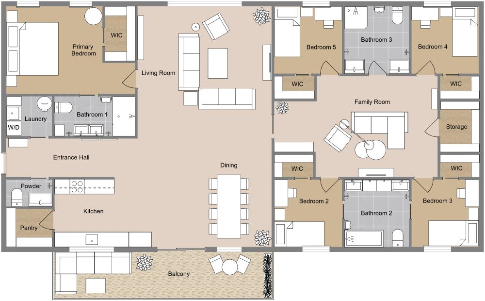 5 Bedroom Apartment Plan with Balcony 2D Floor Plan