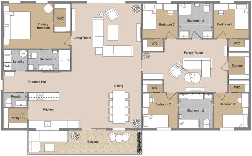 5 Bedroom Apartment Plan with Balcony