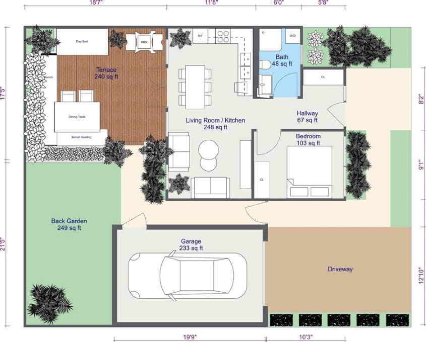 2D floor plan of a one-bedroom home with labeled rooms and dimensions. Includes a living room and kitchen, bedroom, bathroom, hallway, garage, terrace, back garden, and driveway.