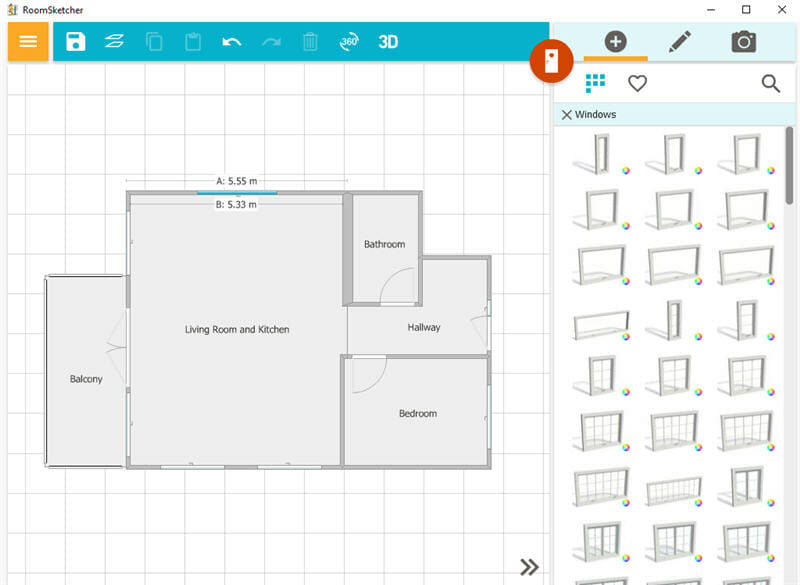 Screenshot of the RoomSketcher app in 2D floor plan mode. The plan shows a one-bedroom apartment layout with a labeled living room and kitchen, bathroom, hallway, bedroom, and balcony. A measurement tool displays wall lengths, and the right panel shows a selection of window styles that can be added to the design. The interface includes design tools and a toolbar for editing and customization.