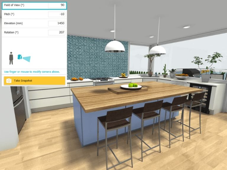 3D rendered image of a stylish modern kitchen with a wide-angle view, showing user interface controls on the left for adjusting the camera’s field of view.