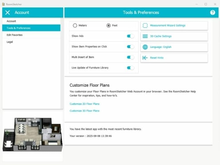RoomSketcher Tools & Preferences panel showing measurement settings with options to switch between meters and feet.