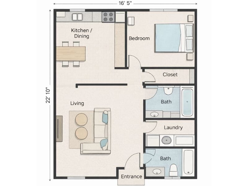 A floor plan generated by ChatGPT from a drawing. It includes mistakes such as an extra bathroom, the kitchen going the wrong way, and a missing desk in the bedroom.