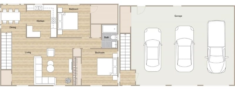 2D floor plan with a three-car garage on the right and a two-bedroom apartment on the left. The apartment includes a kitchen, dining area, living room, bathroom, and two bedrooms.