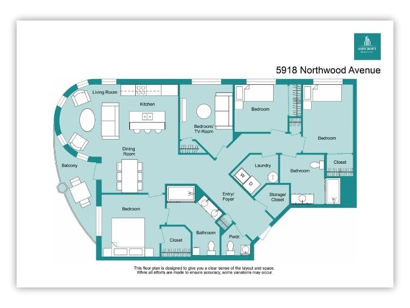2D floor plan of 5918 Northwood Avenue with curved front living room, open kitchen and dining area, three bedrooms plus a TV room/optional bedroom, two full bathrooms, a powder room, laundry, storage, and balcony.