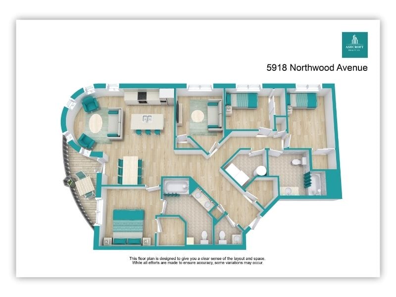 Branded 3D floor plan of a furnished apartment showing the full layout and room arrangement for 5918 Northwood Avenue.