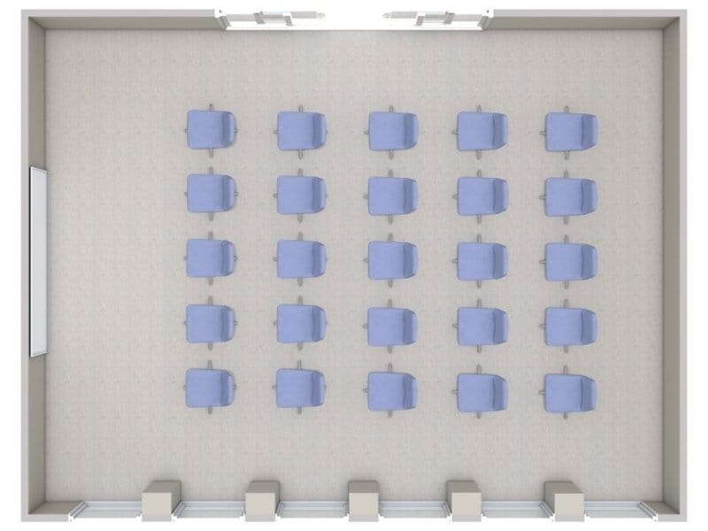3D floor plan of a rectangular meeting room set up in auditorium style.