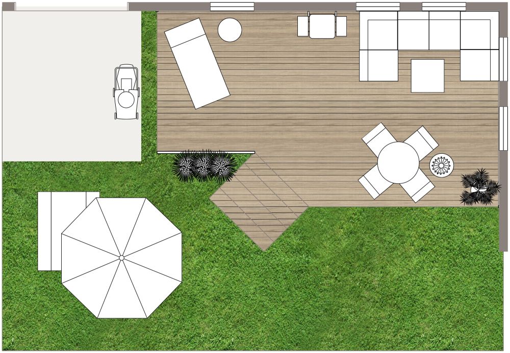 Backyard Patio 2D Floor Plan with Red Accents