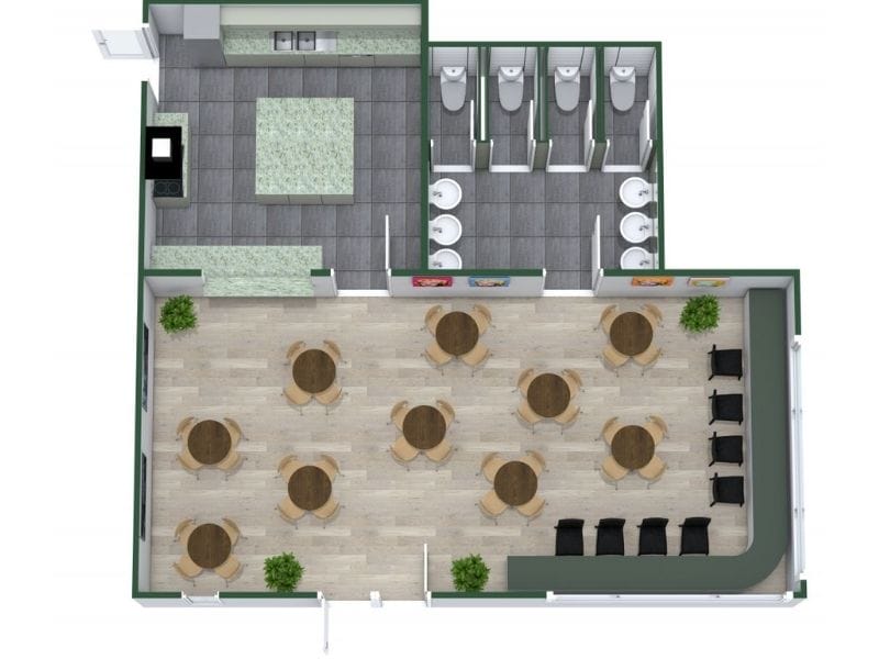 3D floor plan of a small bar. The layout features multiple round tables with four chairs each, spread across a light wood floor. To the top left is a kitchen with green countertops, a center island, and built-in appliances.
