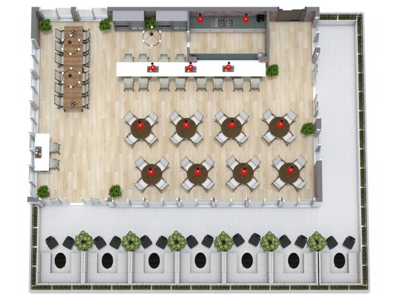 3D floor plan of a modern bar layout with a central bar counter surrounded by seating.