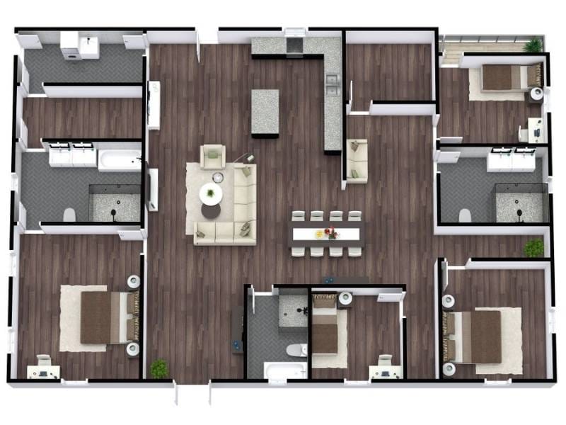 3D floor plan of a modern barndominium featuring an open-concept living area with a large sectional sofa, a dining table for eight, and a spacious kitchen with an island.