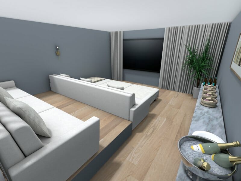 3D Photo of a basement home cinema with white couches. 