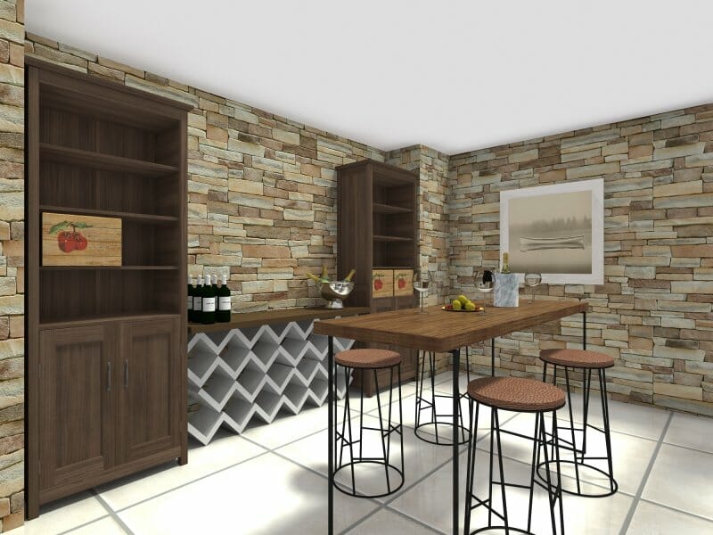 3D Photo of a wine cellar tasting room with wooden shelving and table with bar chairs.