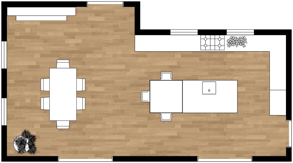 2D Kitchen Floor Plan With Island and Fireplace