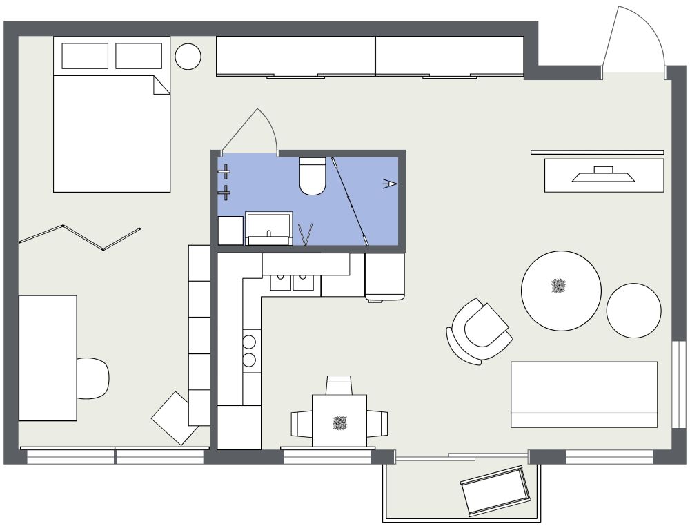 Beautiful Studio Apartment with Large Bedroom Alcove 2D