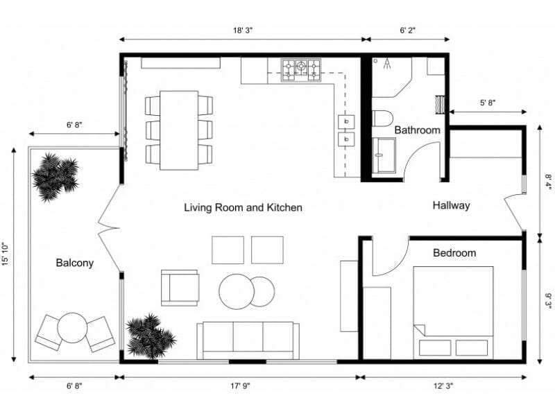 Black and white 2D floor plan of a one-bedroom apartment. The layout includes a combined living room and kitchen area with a dining table, sofa, armchair, and coffee tables. Adjacent to the living space is a balcony furnished with a round table and chairs. The plan also features a bathroom, a hallway, and a bedroom with a double bed. Dimensions are clearly marked along the outer edges of the rooms.